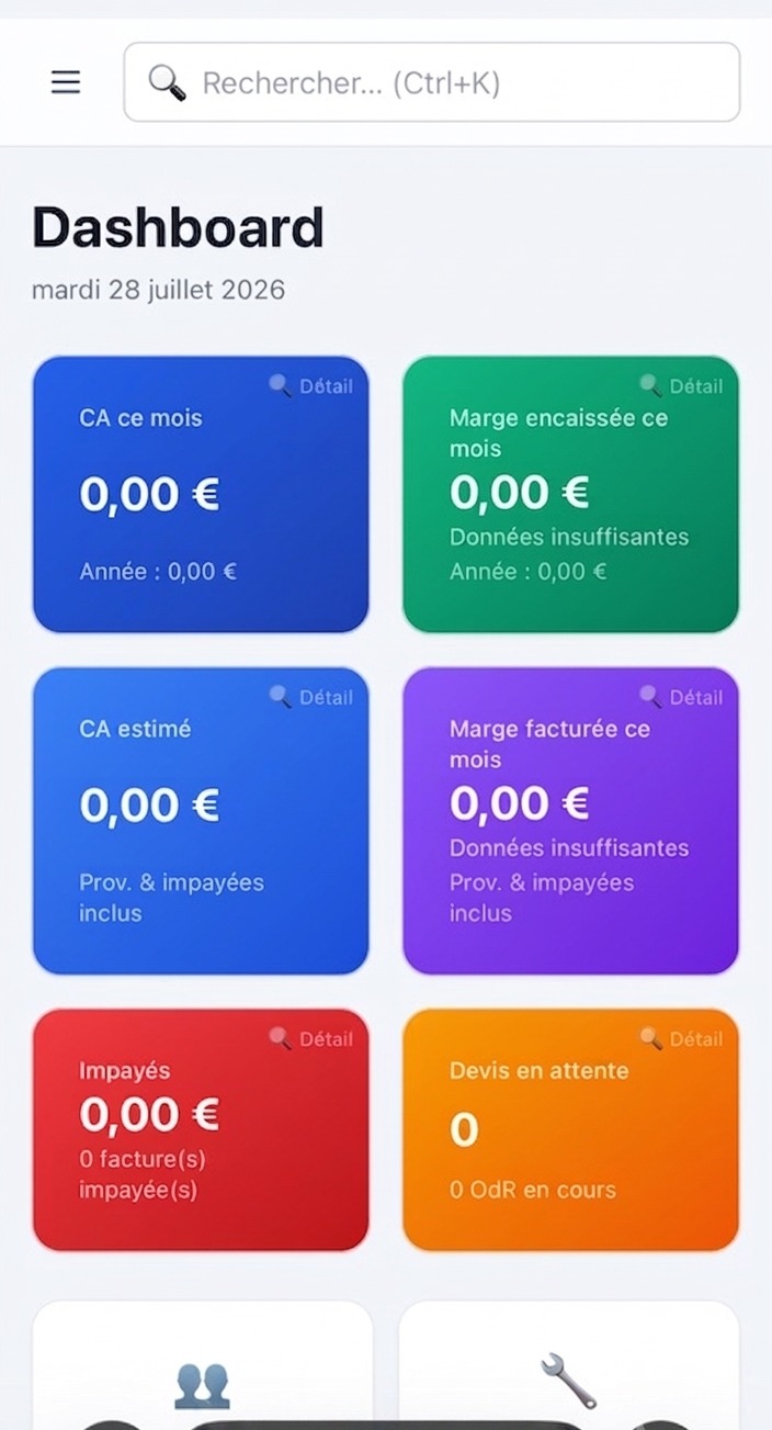 Tableau de bord Julo sur mobile : CA du mois, marge, impayés et devis en attente